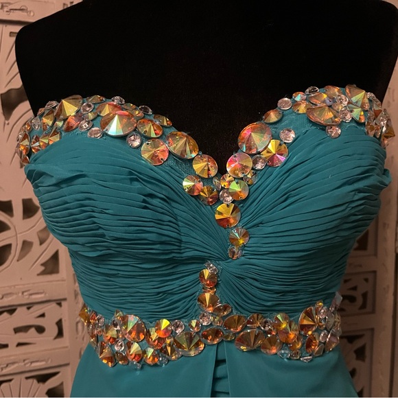 BLUSH PROM JAZZY JEWELS TURQUOISE GREEN STRAPLESS MAXI FORMAL PROM DRESS GOWN - Picture 5 of 11